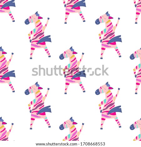Seamless pattern with trendy colorful animal. Pattern with dancing zebra.