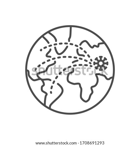 Pandemia related vector thin line icon. The spread of the virus around the globe. Isolated on white background. Editable stroke. Vector illustration.
