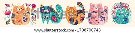 Cute spring collection with cats. Decorative abstract horizontal banner with colorful cats. Hand-drawn modern illustrations with cats and flowers