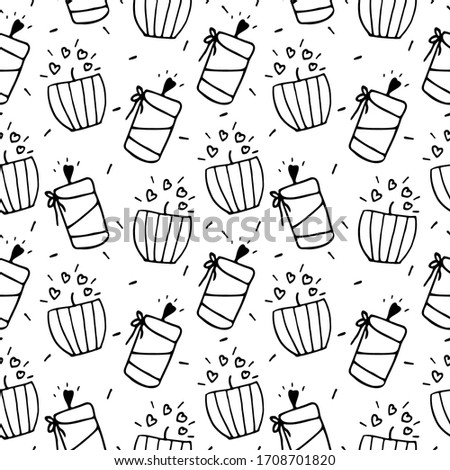 Seamless pattern candles with hearts white background. Doodle, simple outline illustration. It can be used for decoration of textile, paper and other surfaces.