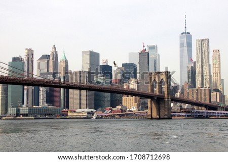 Views of Manhattan skyline from Brooklyn Promenade, New York.