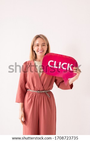 Portrait of happy young woman holding bright tag while asking to click hyperlink
