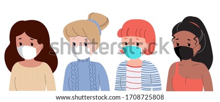 Woman of different races  avatar using face mask to avoid corona virus. Flat style design vector isolated on white background