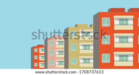 Vector illustration of row of modern multicolored multistory high-rise residential apartment building houses. Front view with windows balconies with roof on sunny day. Real estate rental concept Royalty-Free Stock Photo #1708737613