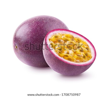 Passion fruit isolated. Whole passionfruit and a half of maracuya isolated on white background. Clipping path included. Royalty-Free Stock Photo #1708750987