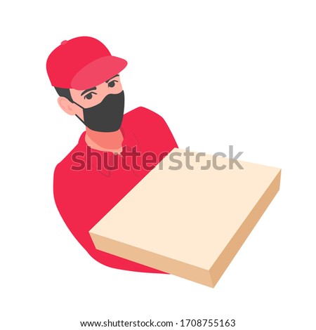 Delivery boy holding a blank closed pizza box. Young adult man in a red polo t-shirt, baseball cap, mask. Sickness prevention. Copy space for text, logo. Illustration isolated on a white background.