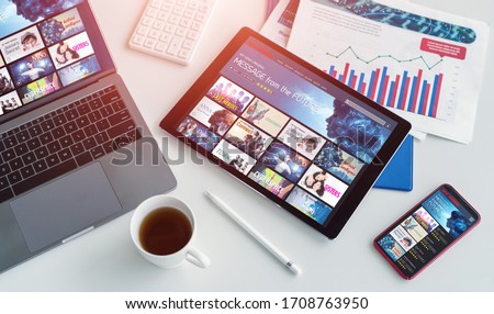 Interface of video distribution service. Subscription service. Streaming video. communication network. Royalty-Free Stock Photo #1708763950