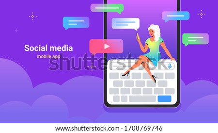 People using social media for chatting, sharing videos and subscribing. Concept vector illustration of young woman sitting on big digital keyboard and using smartphone mobile app for texting to friend