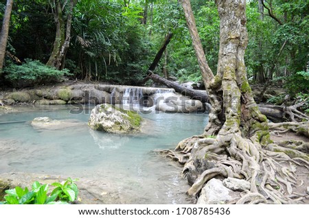 Nature and ponds at the Erawan Waterfalls in Thailand Southeast Asia