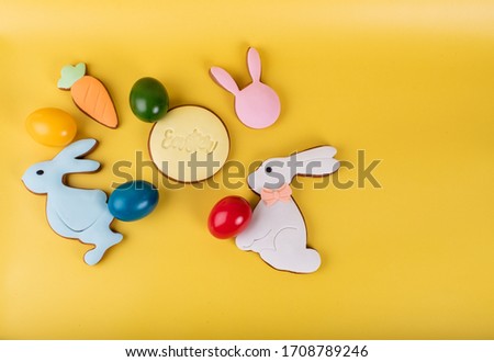 Cute Easter bunny desserts, Easter painted eggs, Authentic Easter Brunch. Colorful and happy table, food  and sweets display. Fresh Food Buffet Brunch Catering Dining Eating Kids Party Sharing Concept