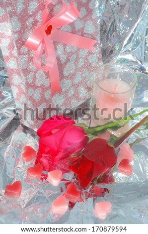 Valentine. Valentines Hearts, Rose Flower and Gift Box