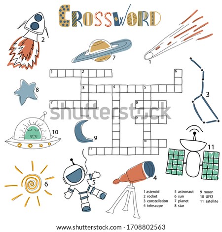 Crosswords puzzle game for preschool kids. Activity worksheet printable version. Vector hand drawn illustration. Kids activity sheet space doodle set