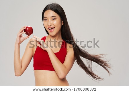Red apple happy woman diet sportswear