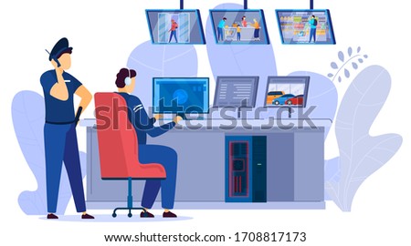Security men looking at video monitors of surveillance cameras of supermarket center cartoon vector illustration. Security system technology monitoring supermarkets shop shelves. Royalty-Free Stock Photo #1708817173