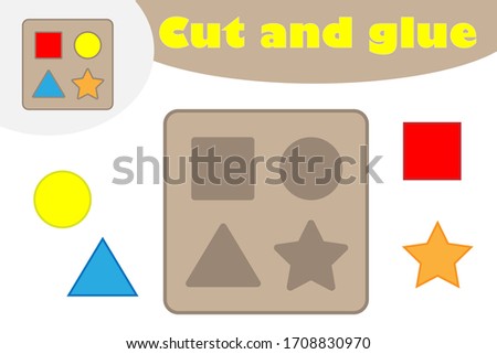 Shape puzzle in cartoon style, education game for the development of preschool children, use scissors and glue to create the applique, cut parts of the image and glue on the paper, vector illustration
