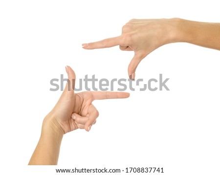 Hands framing. Woman hand with french manicure gesturing isolated on white background. Part of series