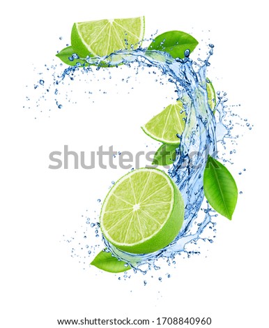 Cutted lime with leaves in water splashes isolated on white background. Royalty-Free Stock Photo #1708840960