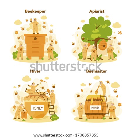 Hiver or beekeeper concept set. Professional farmer with hive and honey. Countryside organic product. Apiary worker, beekeeping and honey production. Vector illustration