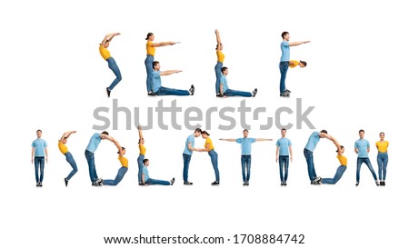 Group of people forming Self Isolation phrase isolated over white background, studio wall, stay at home concept