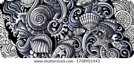 Sea life hand drawn doodle banner. Cartoon detailed flyer. Underwater identity with objects and symbols. Monochrome vector design elements background