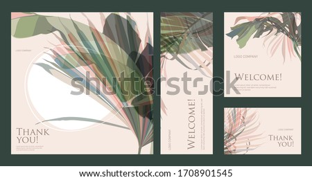 A set of greeting cards with words of gratitude on a green background. Business card template design with tropical leaves for hotel, beauty salon, SPA, restaurant, club. Vector illustration