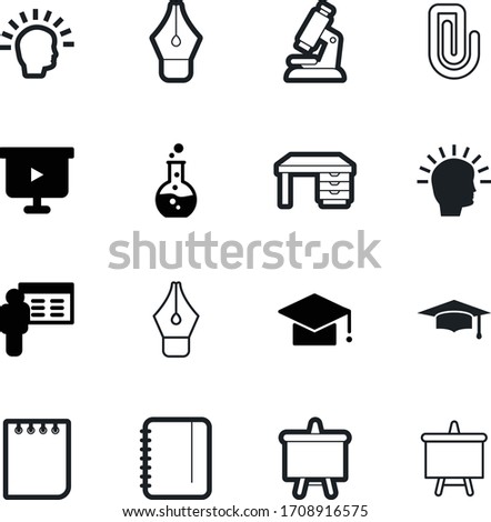 education vector icon set such as: smart, clinic, lens, blackboard, paperclip, chemical, contemporary, development, attachment, child, wooden, job, desk, art, image, experiment, flask, clip