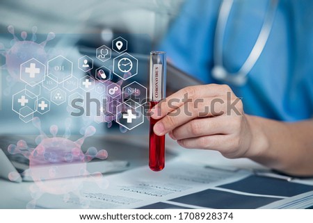 Doctor holding biological sample contaminated by Coronavirus and medical network connection with modern virtual screen interface icons, Medical technology network concept.