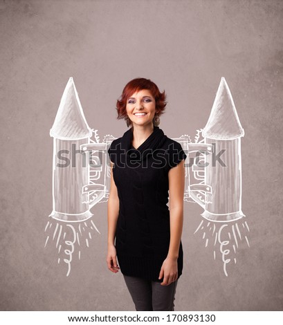 Cute young girl with jet pack rocket drawing illustration