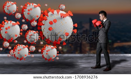 The double exposure image of the businessman standing for fighting the coronavirus. the concept of coronavirus, covit-19, medical and healthcare.