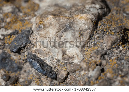 Close-up view of huge stone texture consists of tiny stones all lit with day sunlight