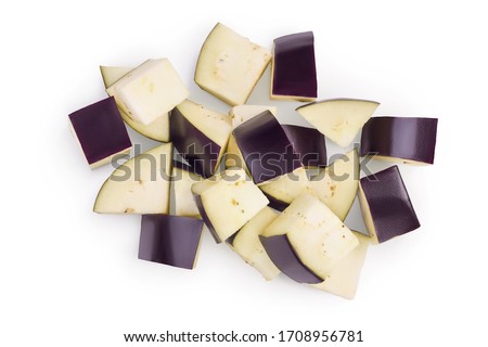 Eggplant or aubergine diced isolated on white background with clipping path and full depth of field. Top view. Flat lay. Royalty-Free Stock Photo #1708956781