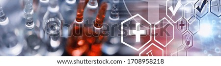 Test tubes with drugs and tests to test the victims and treat infected. Ampoules with medicines. Set of test tubes with medicine.