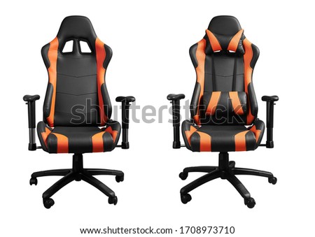 Front view of sport design gaming orange and black chair without and with cushions isolated on white