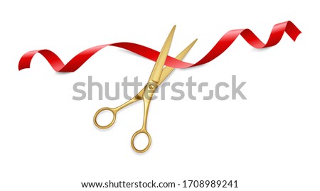 Realistic 3d Detailed Scissors Cut Red Ribbon on a White Symbol of Ceremony or Start for Ad. Vector illustration