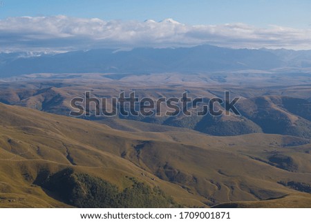 Beautiful amazing sunset landscape.  Mountain rocks  Bermamyt plateau. Caucasus in Russia country.
Autumn view nature. Inspiring travel panorama. Unique scenery. 
