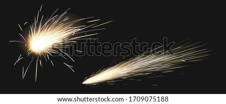 Realistic sparks of weld metal blade, firework petard flare, comet trail. Bright glowing sparkling light of electric circular saw, flying asteroid isolated on black background, 3d vector clip art