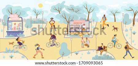 People perform leisure activity outdoor in park fairground. Man woman roller skating, riding bicycle, walking, working online on laptop, buying snack at candy-cotton cupcake food stall recreation area