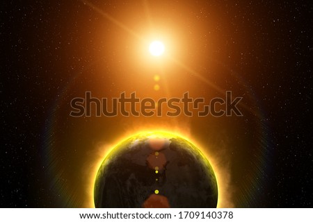 Global warming. Earth and Sun. Global catastrophe concept: global warming, expansion of the sun, planet overheating, the ozone hole. Earth cataclysm. This image elements furnished by NASA. Royalty-Free Stock Photo #1709140378