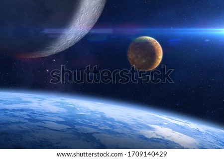 Planet Earth, Venus, Moon and Sun. Abstract space background. Elements of this image furnished by NASA.