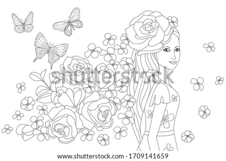 charming smiling girl with rose in her wavy long hair looking over her shoulder. nice lady with flowers and butterflies for your coloring book