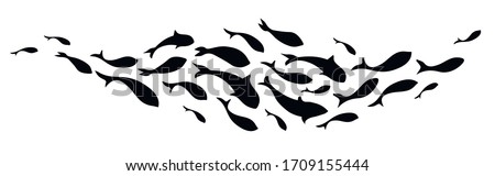 Black silhouette school of fish. Vector illustration.