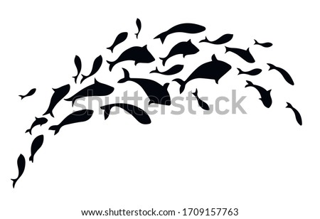 Jumping school of fish. Template for your design. Vector illustration.