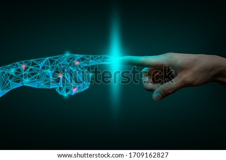a human hand touching with digital hand, digital transformation  concept Royalty-Free Stock Photo #1709162827