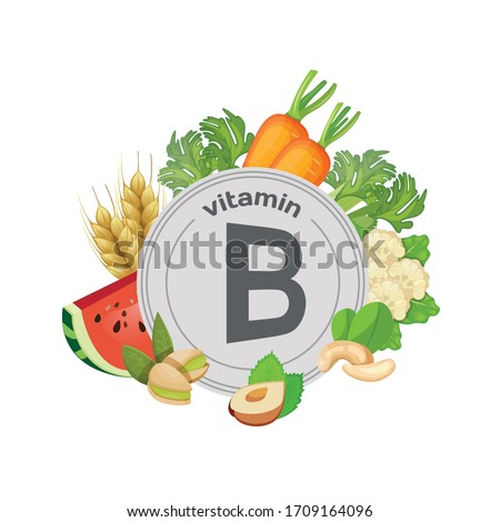 Vitamin B. Food sources. Natural organic products with the maximum vitamin B content. Royalty-Free Stock Photo #1709164096
