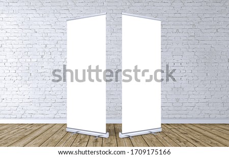 Rollup banners stand. Blank template mockups. Exhibition stand roll-up banners, isolated screen for you design. Vertical empty white roll up for print.