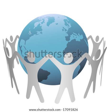 A group of people circle around a globe of planet Earth, form a chain, hold up their hands.