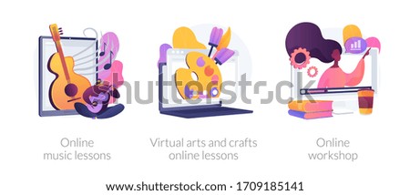 Online education while self-isolation abstract concept vector illustration set. Online music lessons, virtual arts and crafts online lessons, online workshop, free master classes abstract metaphor.