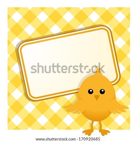 Easter Chick standing in front of Sign on a Yellow Gingham Background