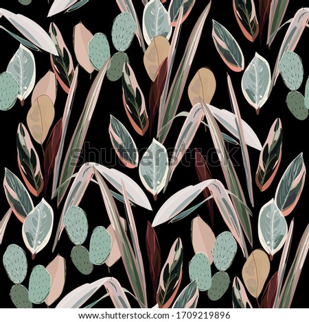Pink and green leaves of palm trees and tropical grass on a black background. Seamless hand-drawn vector illustration. Pattern for wallpaper and fabric.