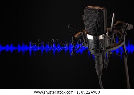 Condenser Microphone in Shock Mount with a Digital Waveform
